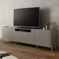 Rack TV 85 Pol 260cm 4 Portas Lisas Blen Grigio/Dourado I06 - Mpozenat