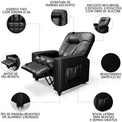 Poltrona do Papai Reclinável Para Cinema Praddo FH9 PU Preto Brilho -