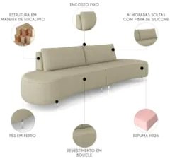 Sofá 3 Lugares 220cm Orgânico Pé Ferro Nagai Bouclê Bege Z55 - Mpozena