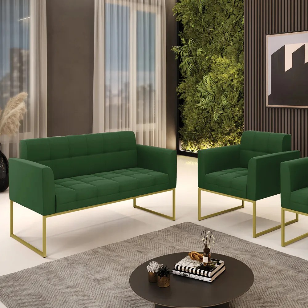 Kit 1 Sofá Namoradeira e 1 Poltrona Elisa Suede Base Metálica Industrial Dourado - D'Rossi - Verde