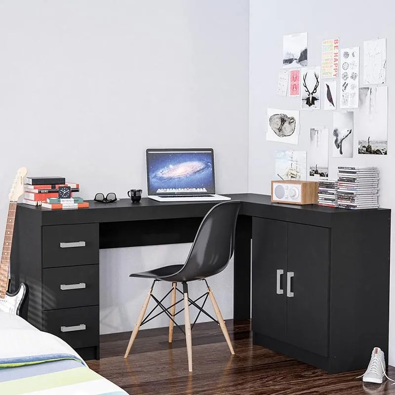 Mesa Em L Escritório Espanha 2 Portas 3 Gavetas - Preto