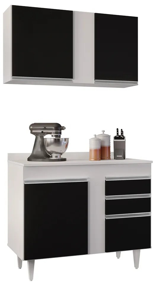 Kit Armário Aéreo e Balcão de Cozinha Lavanderia Aurora com Tampo Branco e Preto 100 cm L06 - D'Rossi