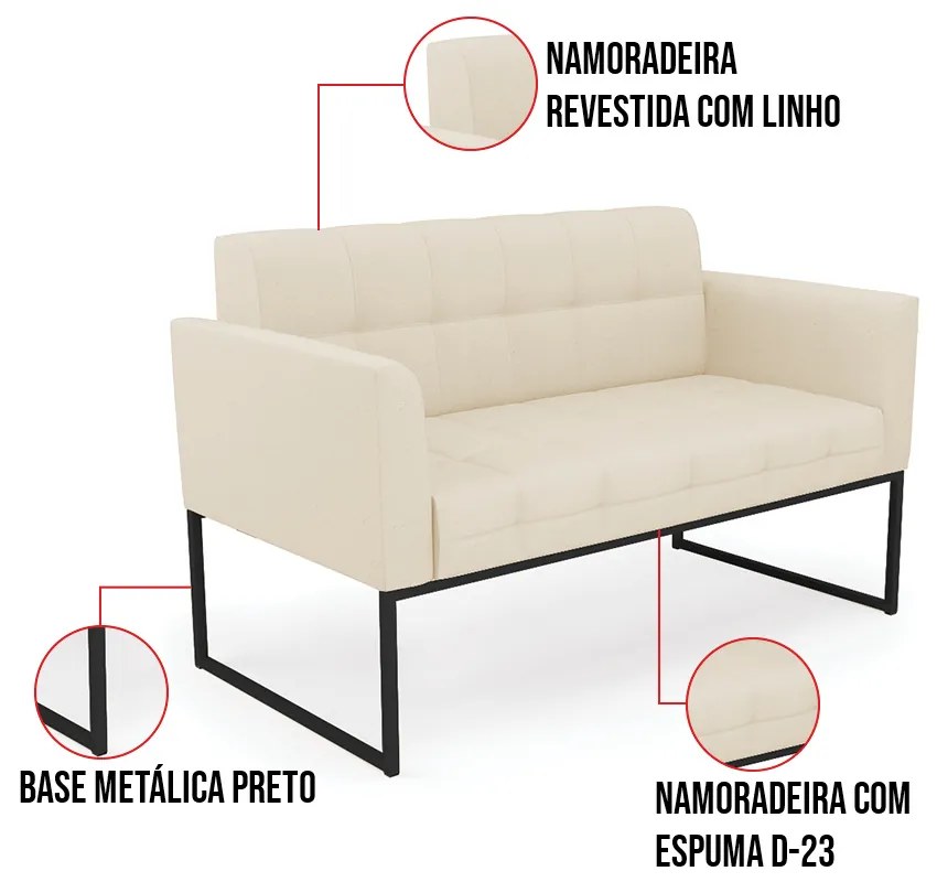 Kit 1 Sofá Namoradeira e 1 Poltrona Elisa Linho Base Metálica Industrial Preto D03 - D'Rossi - A19 Bege