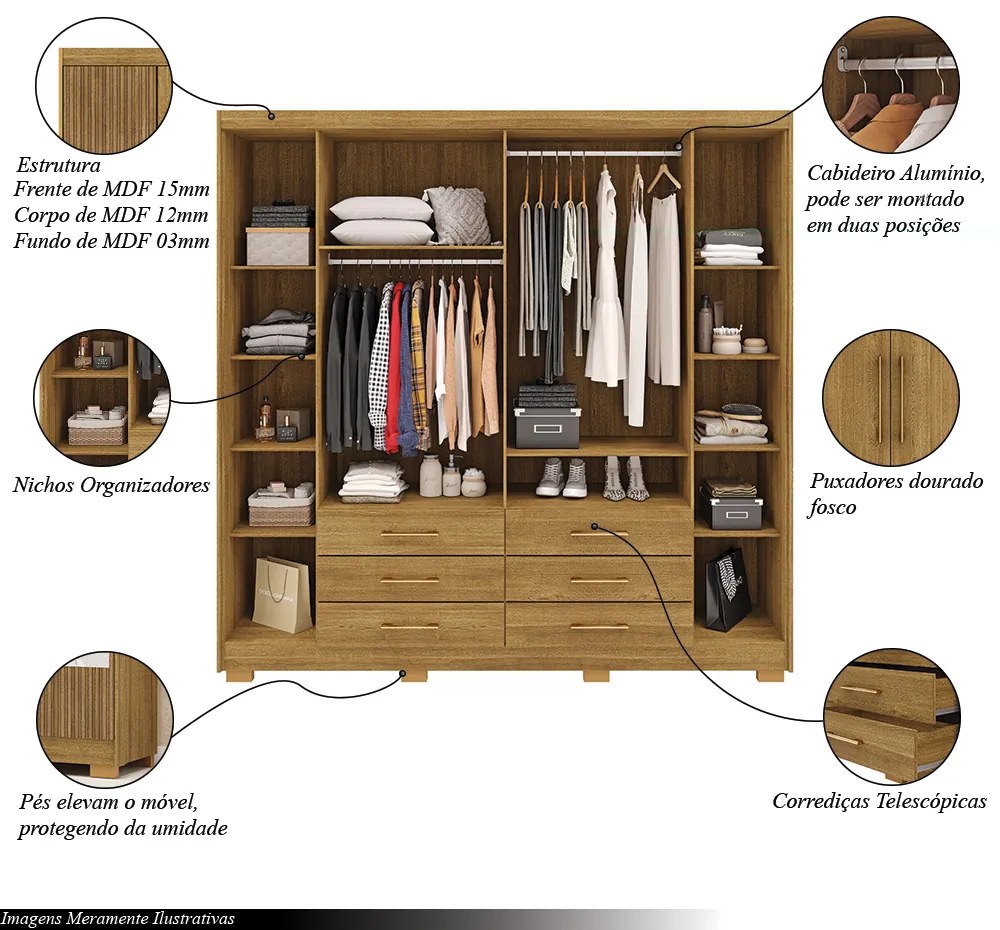 Guarda Roupa Dunas Casal 6 Portas de Bater 6 Gavetas MDF Nature G98 - Gran Belo