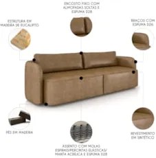 Sofá 3 Lugares 240cm Sala de Estar Karib Sintético Camel Z08 - Mpozena