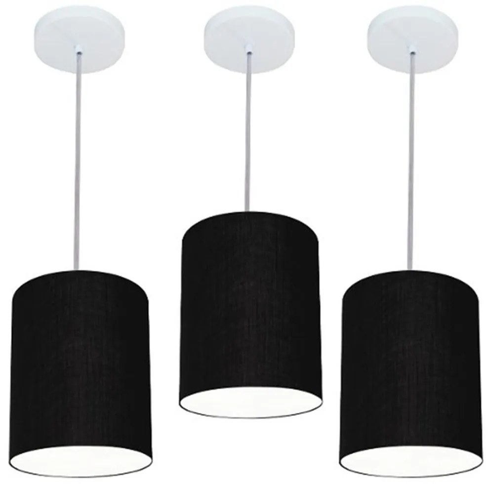 Kit/3 Lustre Pendente Cilíndrico Md-4012 Cúpula em Tecido 18x25cm Preto - Bivolt