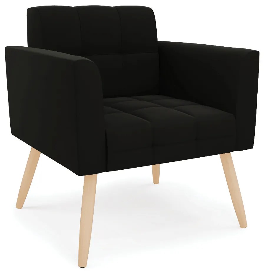 Kit 1 Sofá Namoradeira e 2 Poltronas Elisa Suede Pés Palito Natural - D'Rossi - Preto