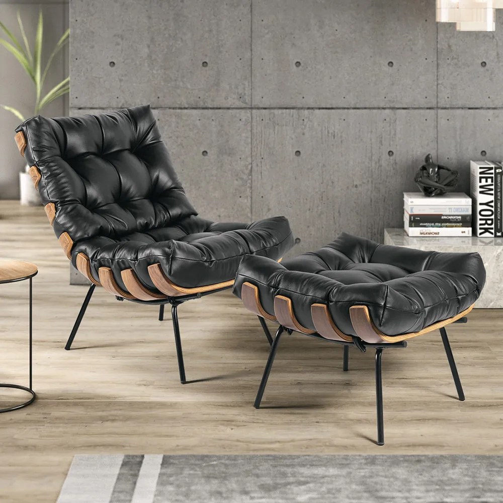 Poltrona e Puff Costela Couro Legítimo Base Industrial Preto M11 - D'Rossi - Marrom