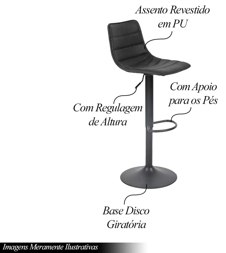 Kit 3 Banquetas Decorativas Travis PU com Regulagem de Altura Base Disco c/Apoio Para os Pés Preto G56 - Gran Belo