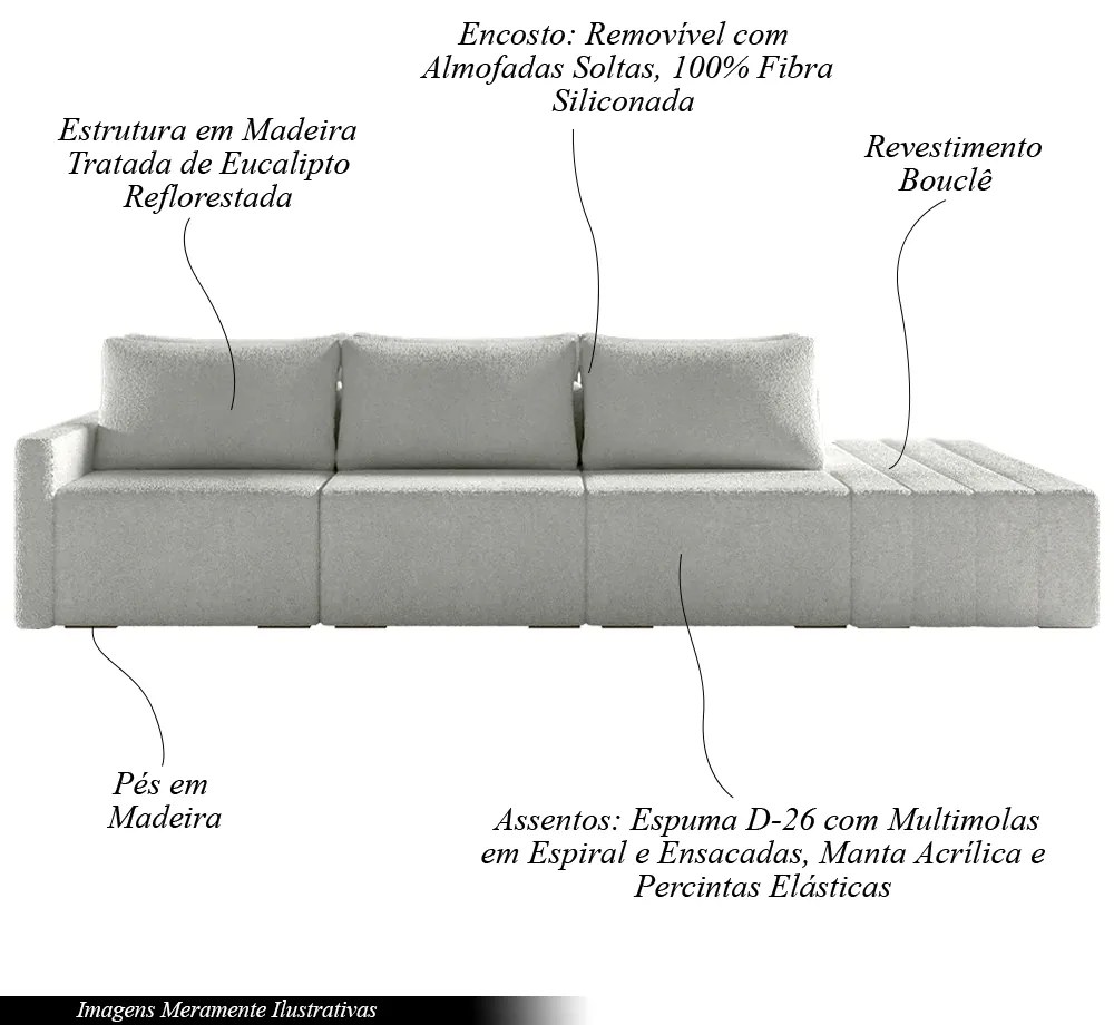 Sofá Ilha Modulado Milos 312cm Puff Lateral Bouclê Cinza G33 - Gran Belo