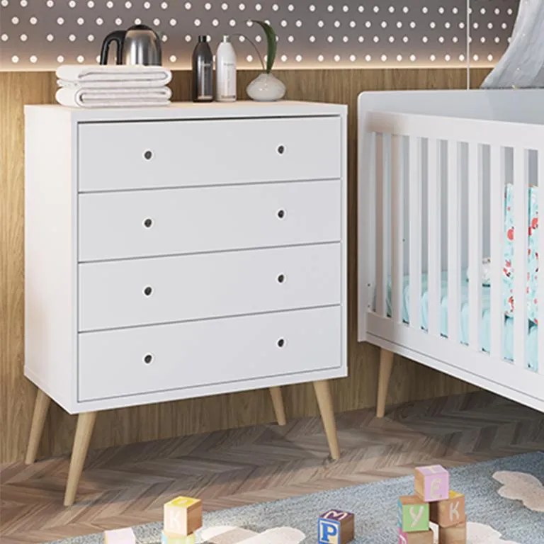 Cômoda Infantil Retrô 4 Gavetas E Pés Palitos - Branco