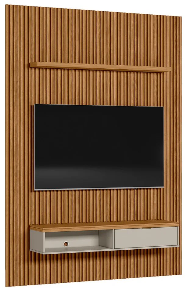 Painel para TV até 75 Polegadas Ripado Marisa com Nicho Bancada Nature e Off White 180x250 cm L04 - D'Rossi