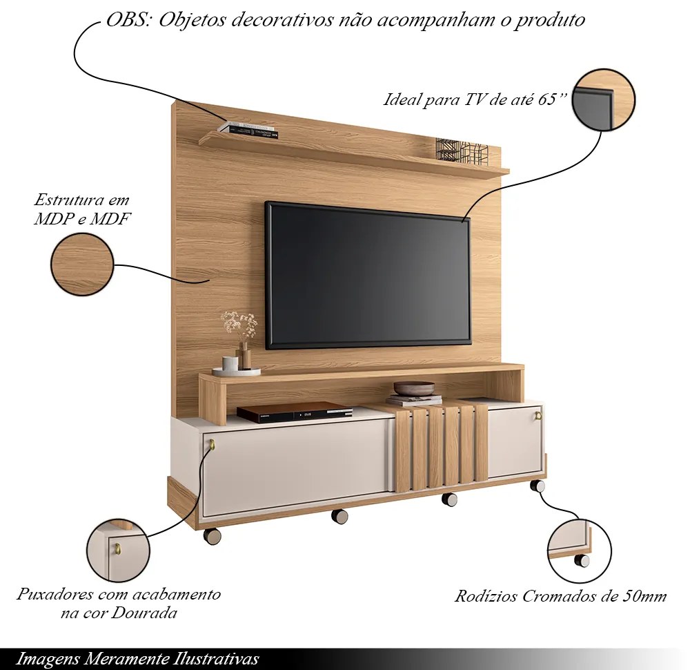 Home Painel Decorativo Bolt TV até 65 Pol Portas Deslizantes Pés Rodízio Freijó/Off White G26 - Gran Belo