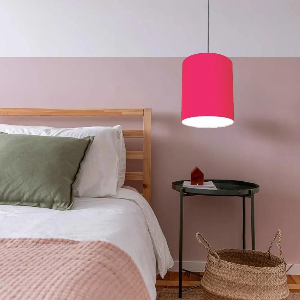 Lustre Pendente Cilíndrico Md-4012 Cúpula em Tecido 18x25cm Rosa Pink - Bivolt