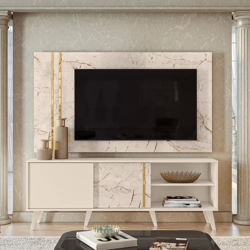 Painel TV 60 Pol 160cm com Rack Bancada para Sala Hylon M20 - D'Rossi - Calacata e Off White