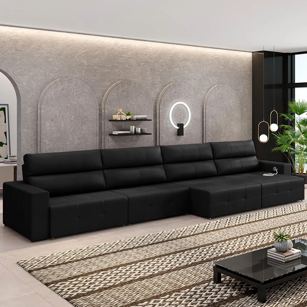 Sofá Retrátil 6 Lugares 444cm 4 Módulos Nero com USB Couro Preto G52 - Gran Belo