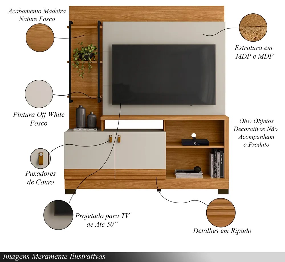 Home Decorativo Jatiuca MDP/MDF Ripado TV Até 50 Polegadas Nature/Off White G77 - Gran Belo