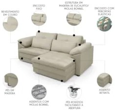 Sofá Retrátil 2 Lugares Para Sala 215cm Dijon Couro Creme S07 - Mpozen
