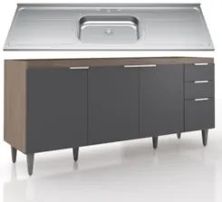 Balcão de Cozinha Com Pia Inox 180cm Pérola Z34 Freijó/Grafite - Mpoze