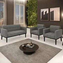 Sofá Namoradeira e 2 Poltronas Base Madeira Preto Ana Suede Grafite -