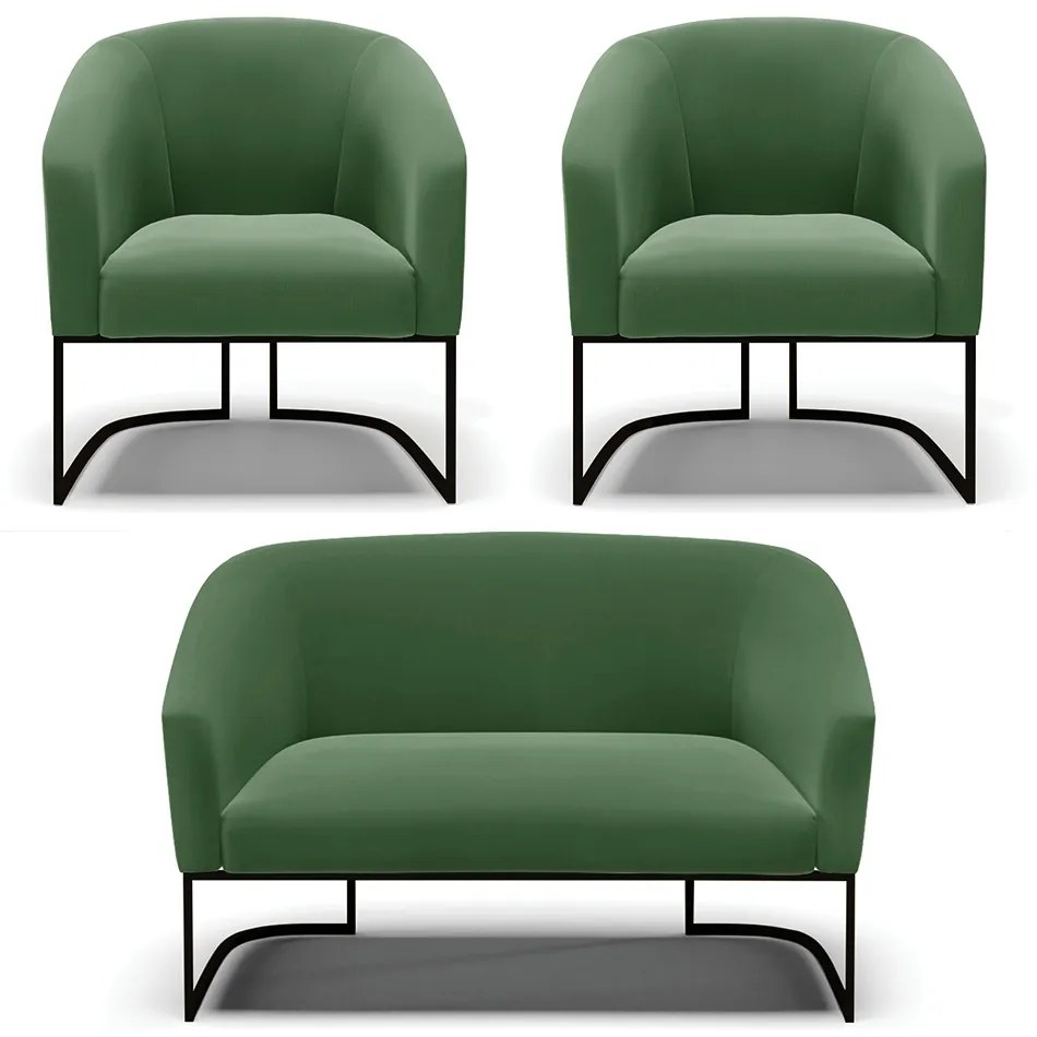 Namoradeira e 2 Poltronas Industrial Preto Stella Suede D03 - D'Rossi - Verde