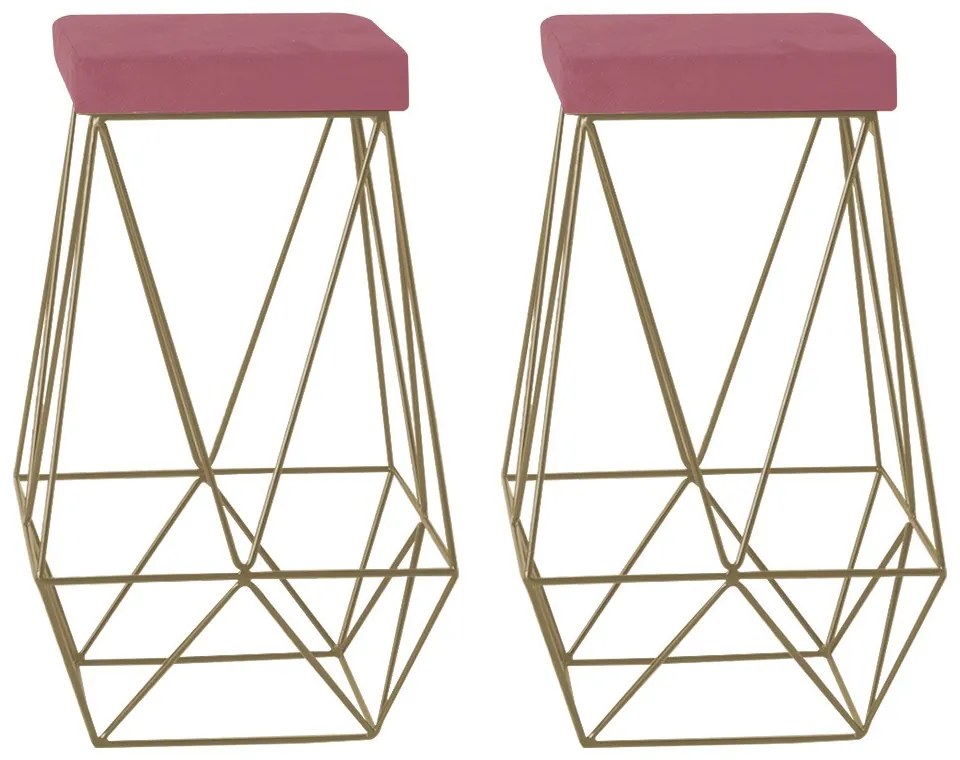 Kit 2 Banqueta Decorativa Kathy Base Gold Suede Rosa G41 - Gran Belo