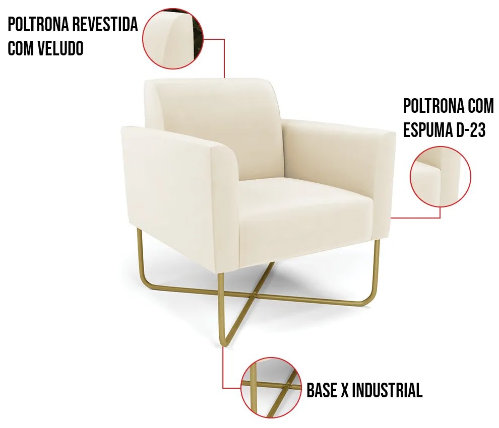 Kit 2 Poltronas Base X Industrial Dourado Marisa Veludo  D03 - D'Rossi - Bege