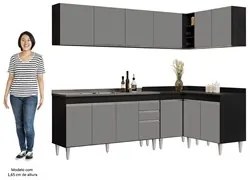 Armário de Cozinha Modulado de Canto 6 Peças CP33 com Pia Inox Preto/C