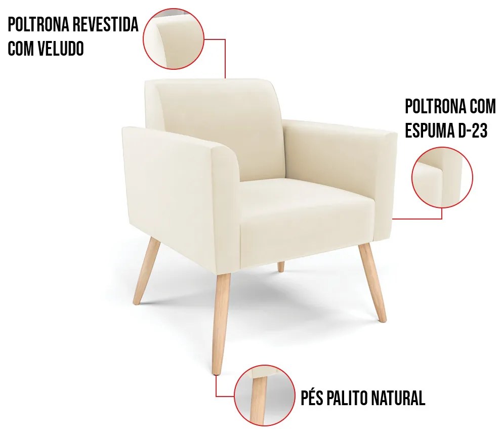 Kit 2 Poltronas Pés Palito Natural Marisa Veludo - Bege