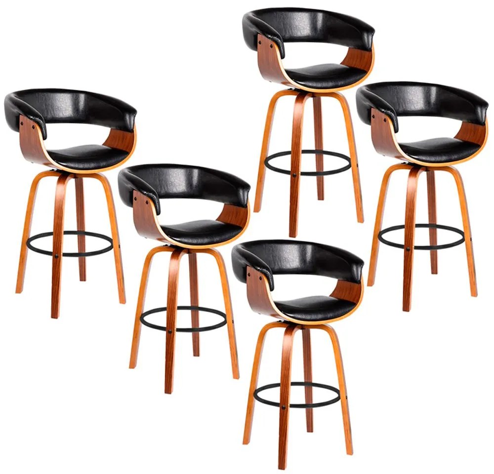 Kit 05 Banquetas para Cozinha Giratória Brenna Base Madeira PU Sintético Preto G56 - Gran Belo