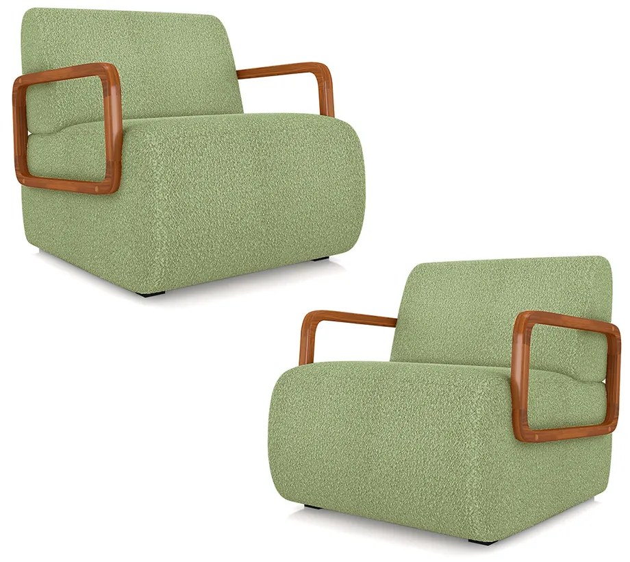 Kit 2 Poltronas Decorativa Sala de Estar Odessa Braços em Madeira Bouclê Verde Oliva G33 - Gran Belo