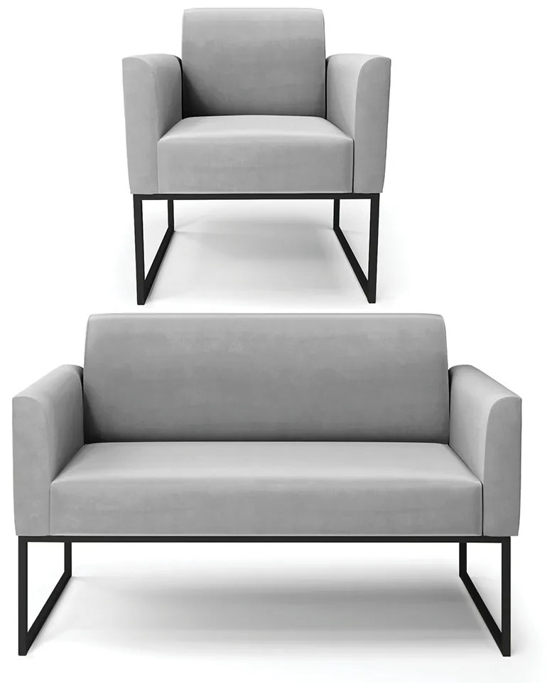 Sofá Namoradeira com Poltrona Base Industrial Preto Marisa Suede D03 - D'Rossi - Cinza