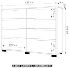 Cômoda Para Quarto 147cm Com 8 Gavetas Parma Carvalho/Fendi Z17 - Mpoz
