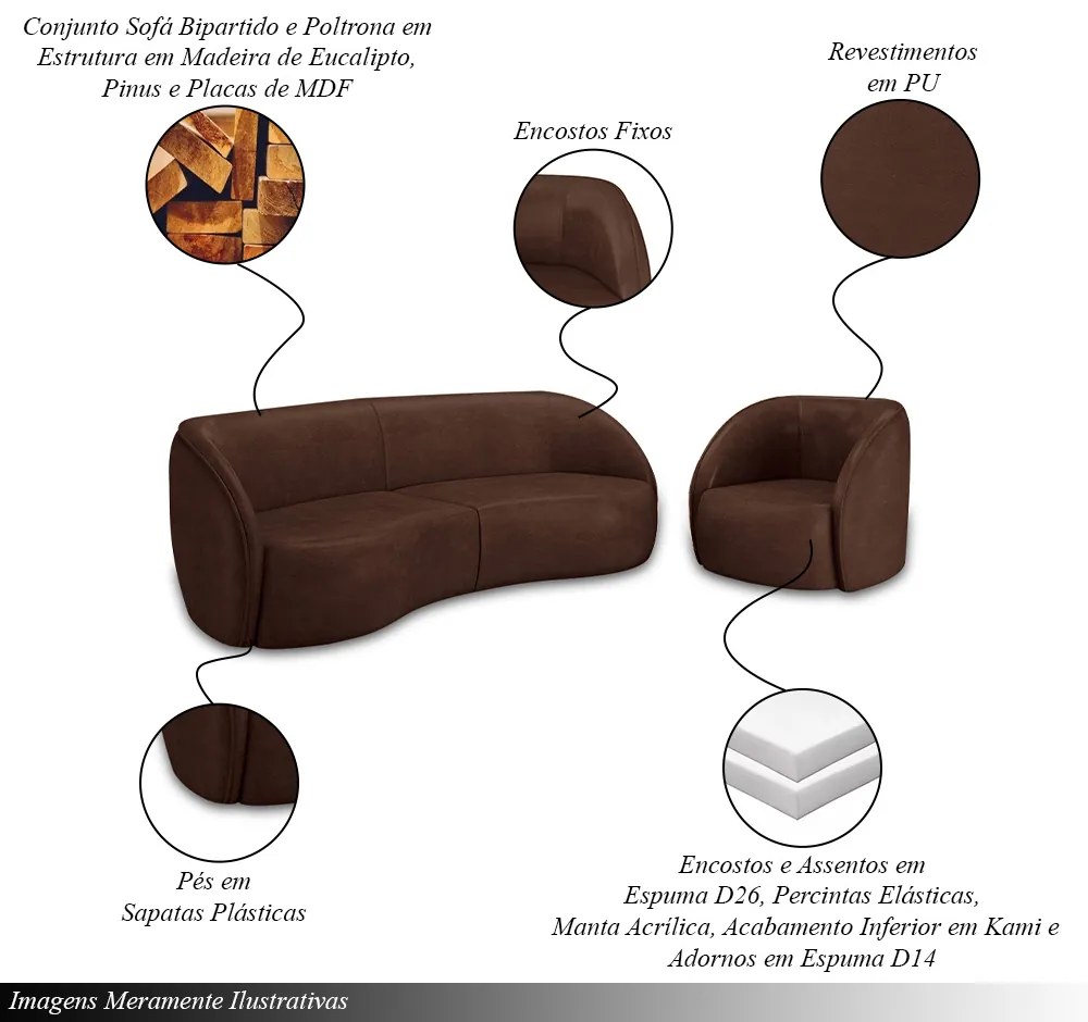 Conjunto Sofá Sala de Estar Bipartido 240cm e 2 Poltronas Clarke PU Marrom Manchado G45 - Gran Belo
