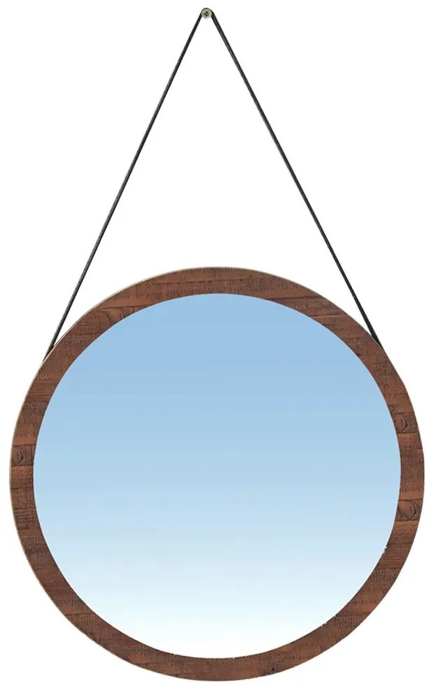 Espelho Redondo Decorativo Melk 65cm Com Tira de Couro Madeira Maciça Rustic Brown G54 - Gran Belo