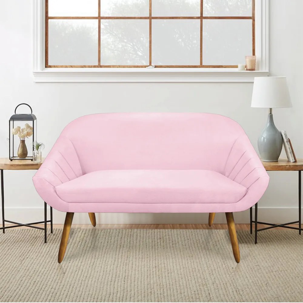 Kit 01 Namoradeira 02 Lugares e 01 Poltrona Giratória Giovana Suede Rosa Bebê Base Madeira MM30 - D'Rossi