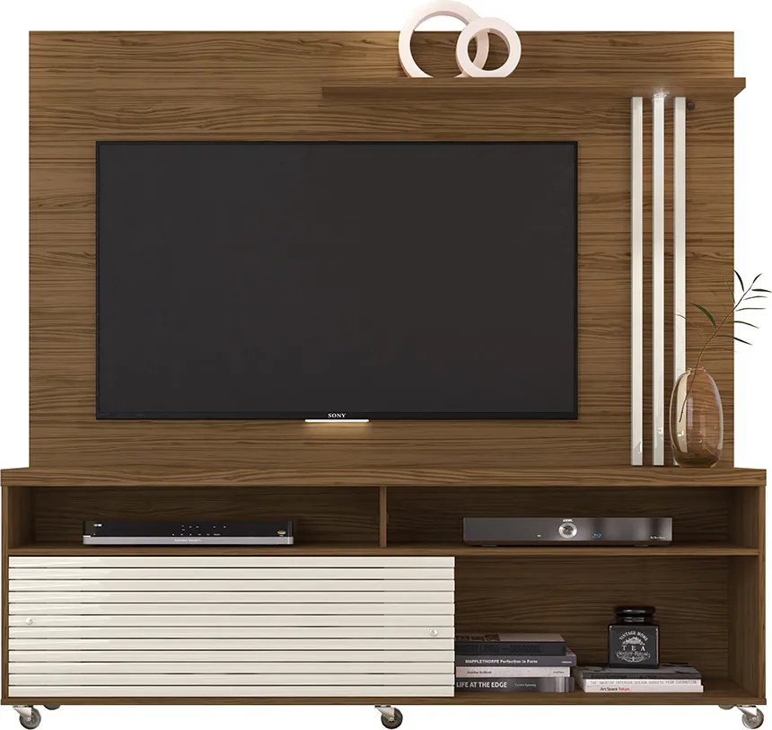 Estante de TV 65 Pol 182cm com Rodízio para Sala Nerion M20 - D'Rossi - Naturale(fosco)/Off White(brilho)