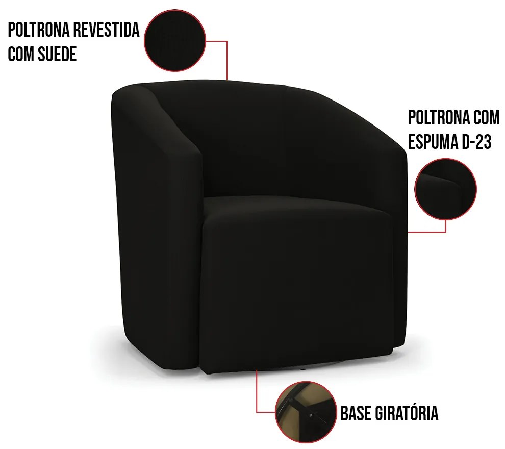 Poltrona Decorativa Base Giratória Kit 2 Stella Max Suede D03 - D'Rossi - Preto