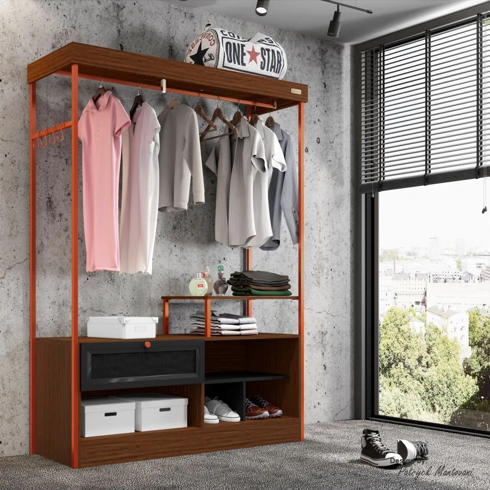 Closet Guarda Roupa Iron 1 Gaveta Imbuia/Preto/Cobre - Vizzato - Marrom