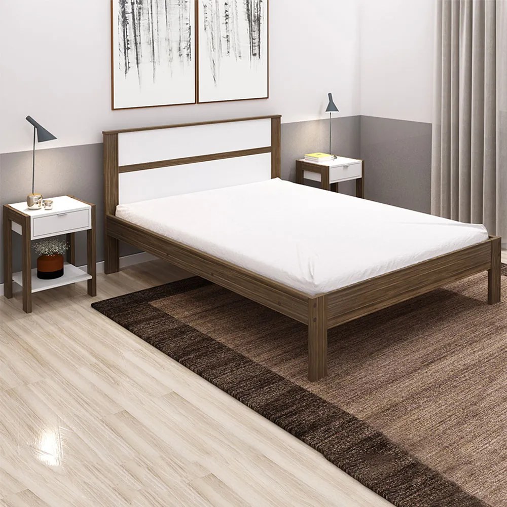 Cama de casal MDP CM8005 Nogal/Branco G69 - Gran Belo