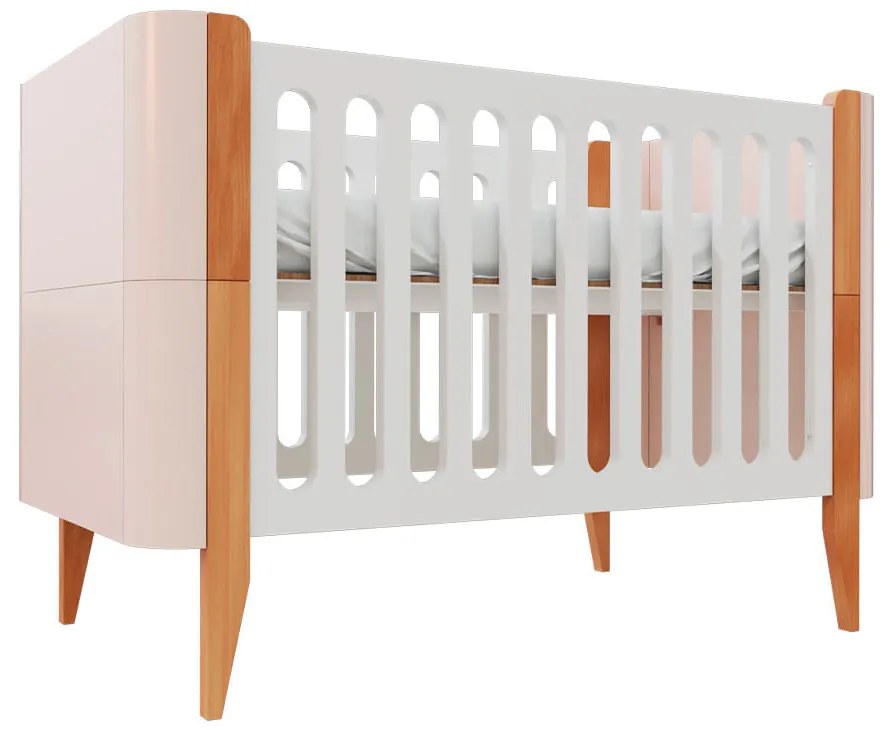 Berço Evolutivo Bo 3 em 1 Grades Branco Pés Jequitibá - Rosa Old