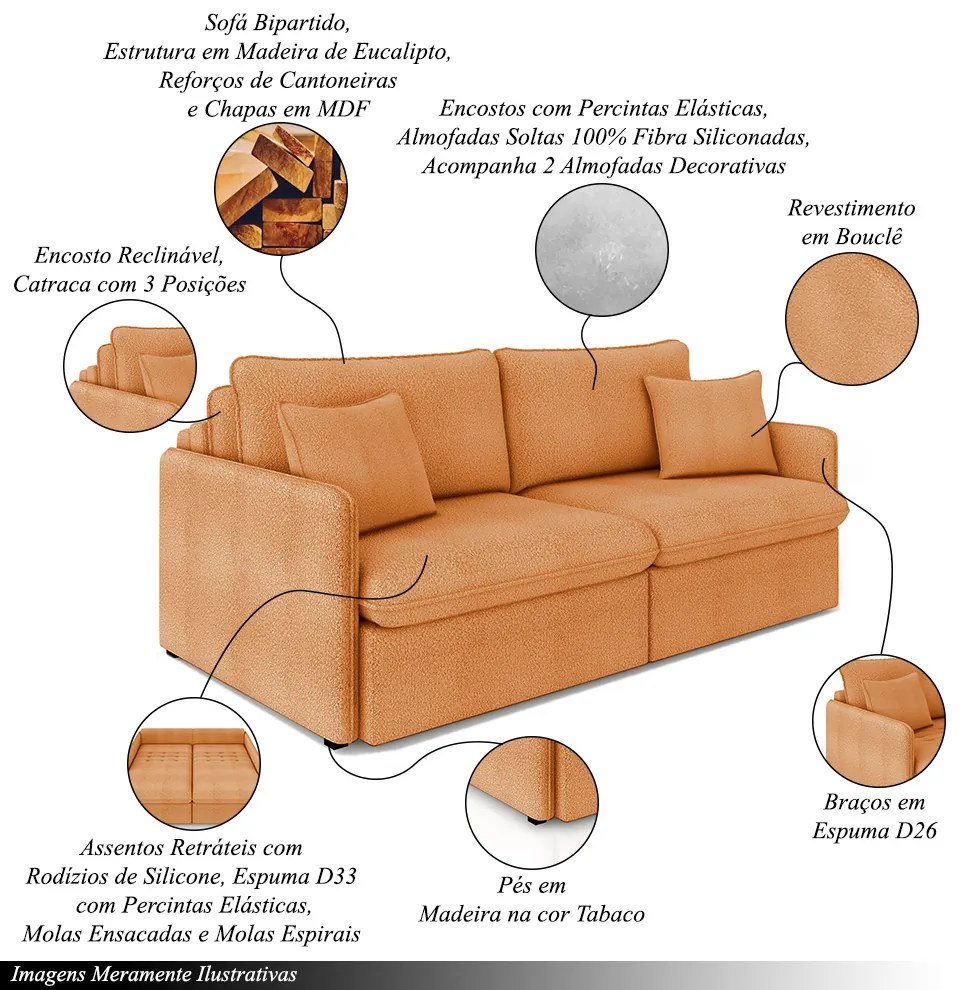 Sofá Reclinável e Retrátil Gandalf Bipartido 154cm Caixa Zero com Almofadas Bouclê Terracota G33 - Gran Belo