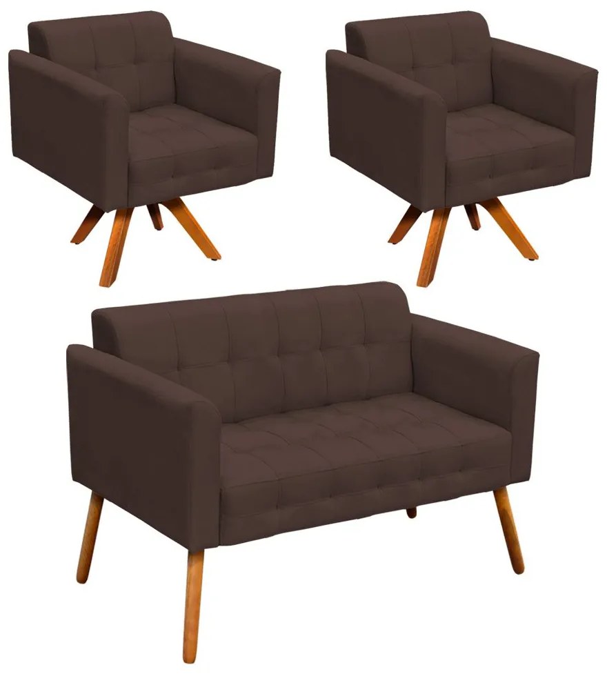 Kit 01 Namoradeira e 02 Poltronas Giratória Elisa Suede Base Madeira MM30 D'Rossi - Marrom