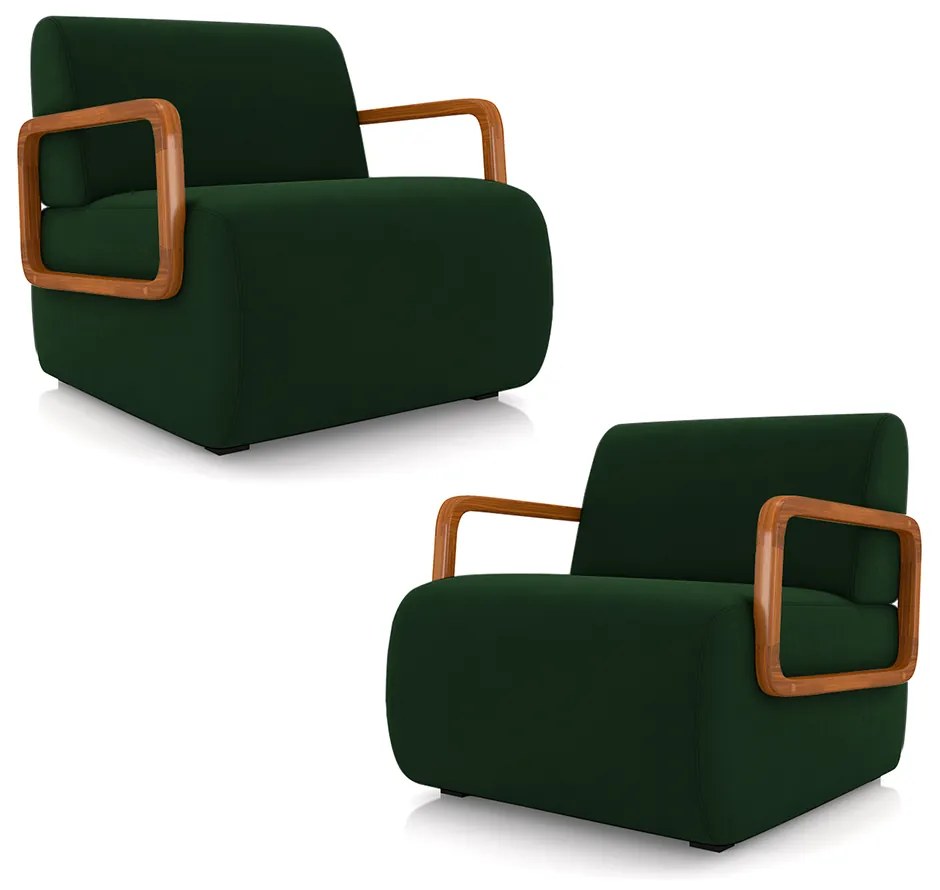 Kit 2 Poltronas Decorativa Sala de Estar Odessa Braços em Madeira Veludo Verde G33 - Gran Belo