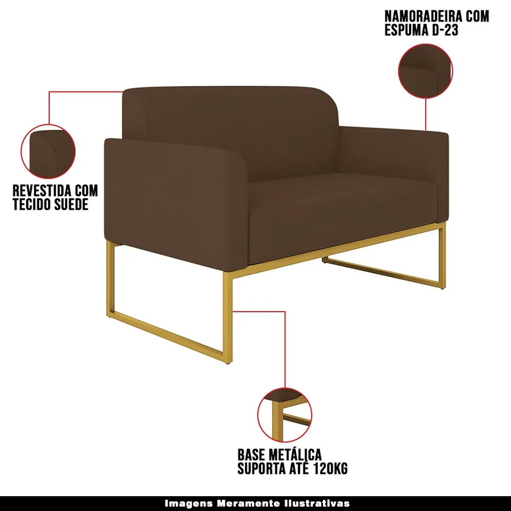 Poltrona Namoradeira Decorativa Isabella Base Industrial Suede Marrom/Dourado G19 - Gran Belo