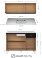 Armário Aéreo e Balcão de Cozinha com Pia Inox 120cm Classic Z46 Preto