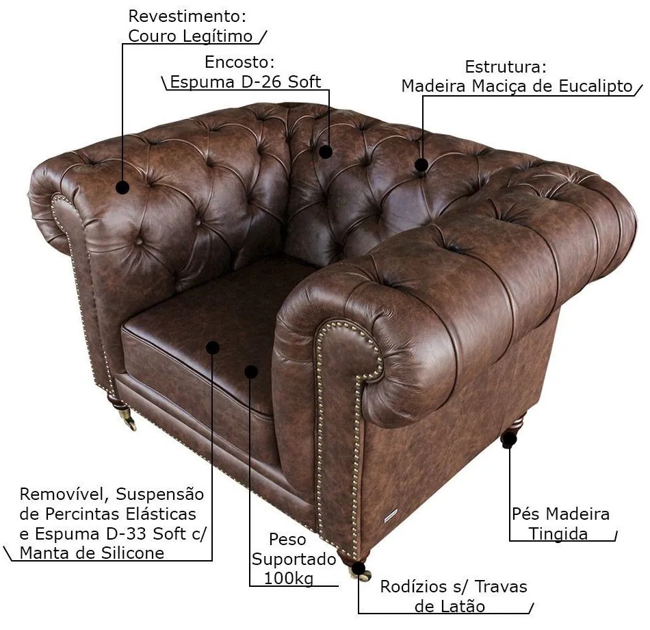 Poltrona Decorativa Sala de Estar Chesterfield Duo Couro Tabaco G40 - Gran Belo
