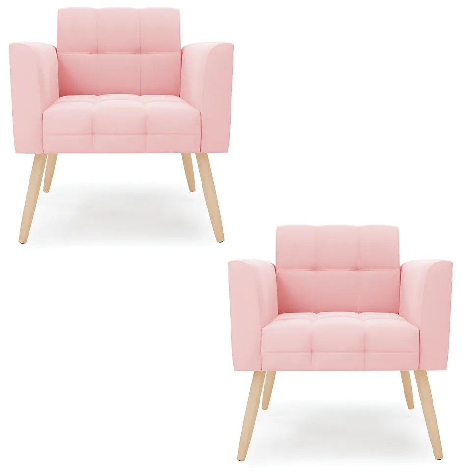 Kit 2 Poltronas Elisa Suede Pés Palito Natural D03 - D'Rossi - Rosa Bebê
