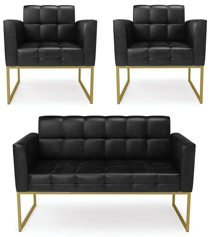 Kit 1 Sofá Namoradeira e 2 Poltronas Elisa Corano Preto Base Metálica Industrial Dourado - D'Rossi
