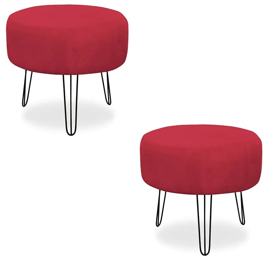 Kit 02 Puffs Redondos para Sala Chloe Suede Vermelho